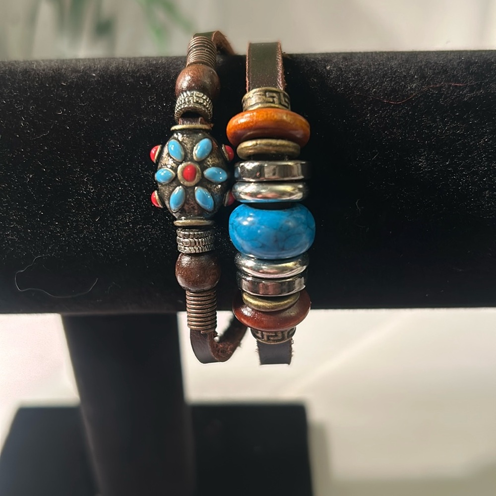 Fantastic double strand faux leather? bracelet w/ beads & stainless steel clasp